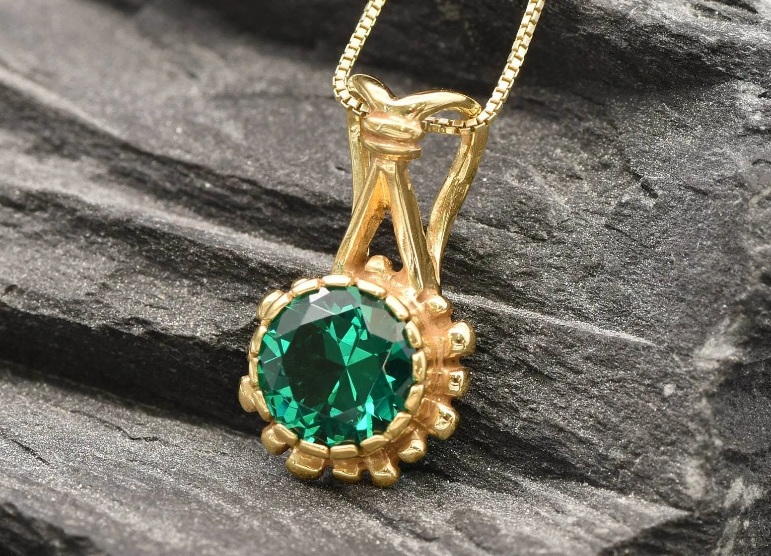 Gold Emerald Pendant - Round Green Necklace, Vintage Flower Pendant