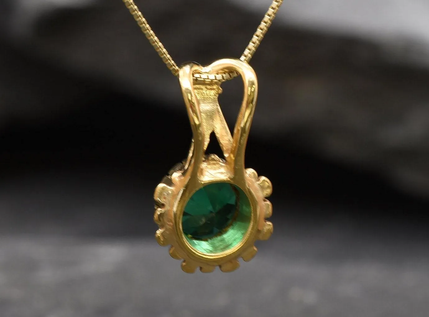 Gold Emerald Pendant - Round Green Necklace, Vintage Flower Pendant