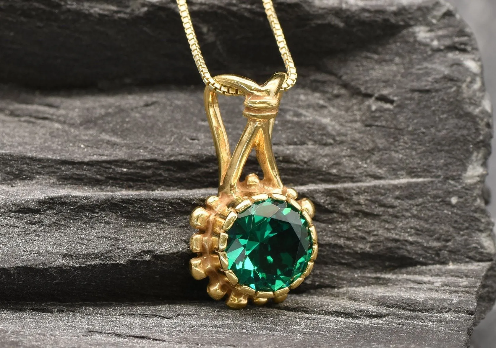 Gold Emerald Pendant - Round Green Necklace, Vintage Flower Pendant