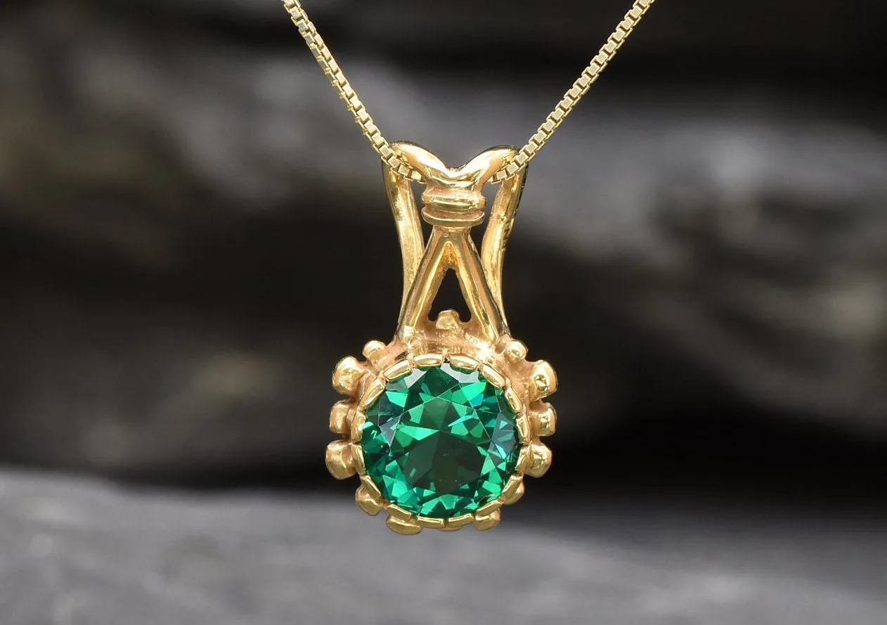 Gold Emerald Pendant - Round Green Necklace, Vintage Flower Pendant