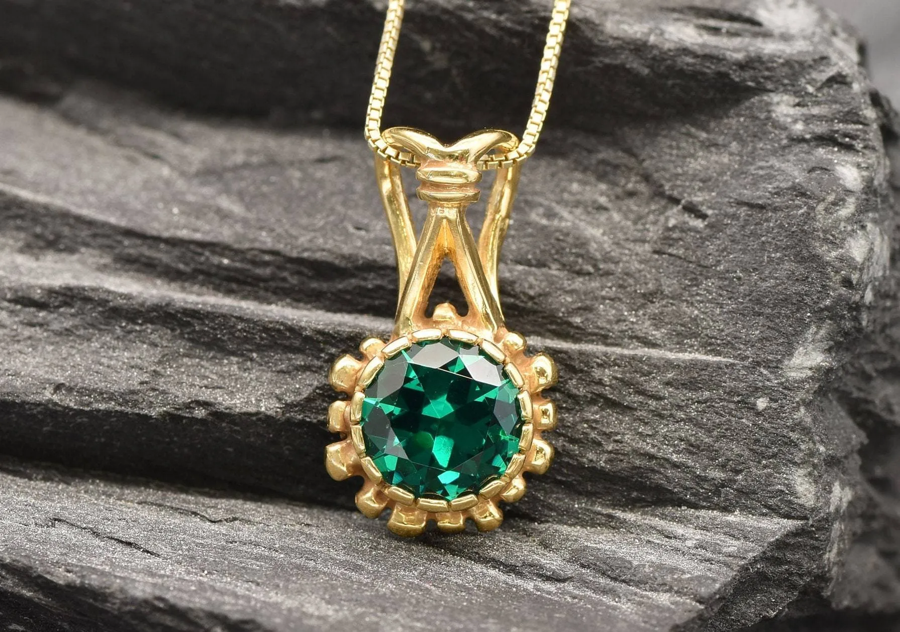 Gold Emerald Pendant - Round Green Necklace, Vintage Flower Pendant