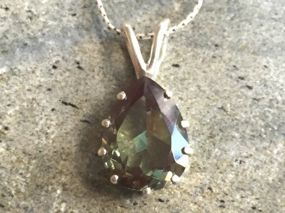 Green Diamond Necklace - Statement Teardrop Pendant - Solitaire Green Necklace