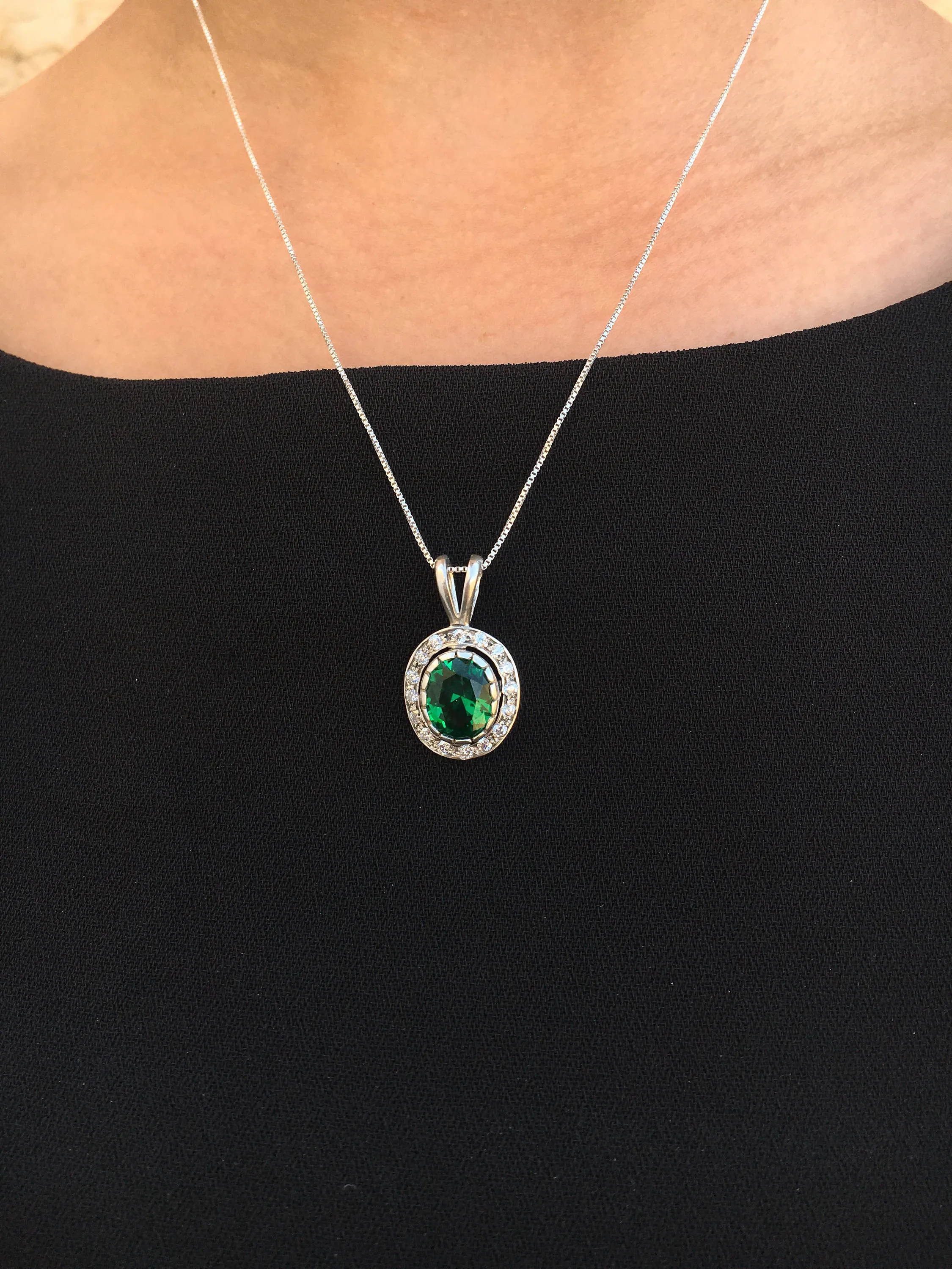 Green Emerald Necklace - Vintage Emerald Pendant - Silver Emerald Necklace