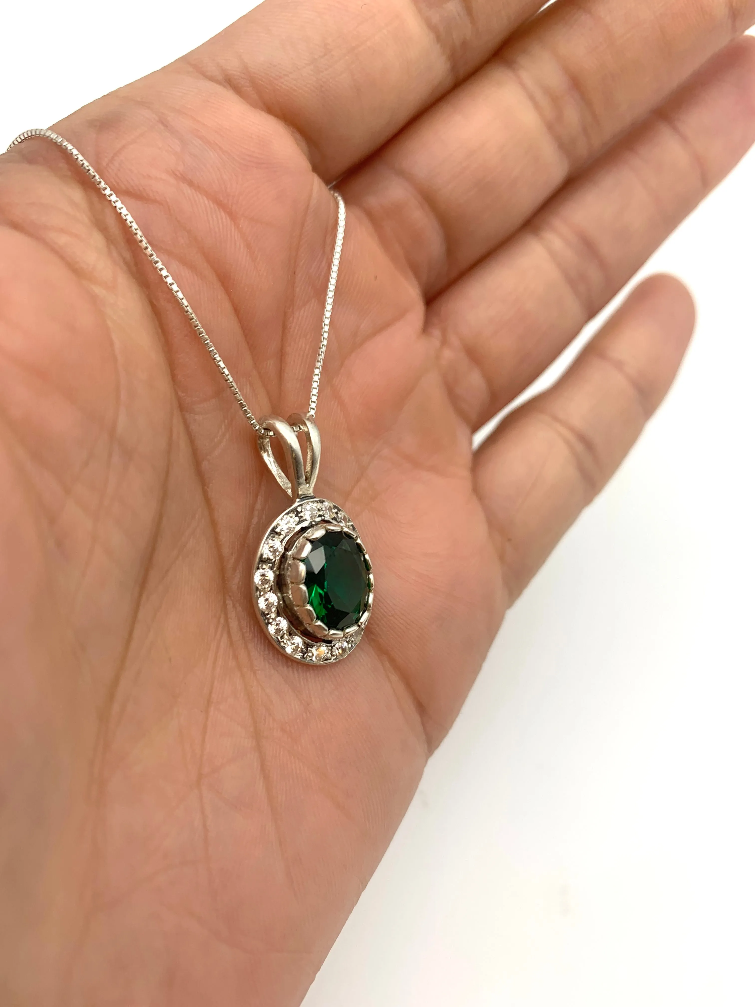 Green Emerald Necklace - Vintage Emerald Pendant - Silver Emerald Necklace