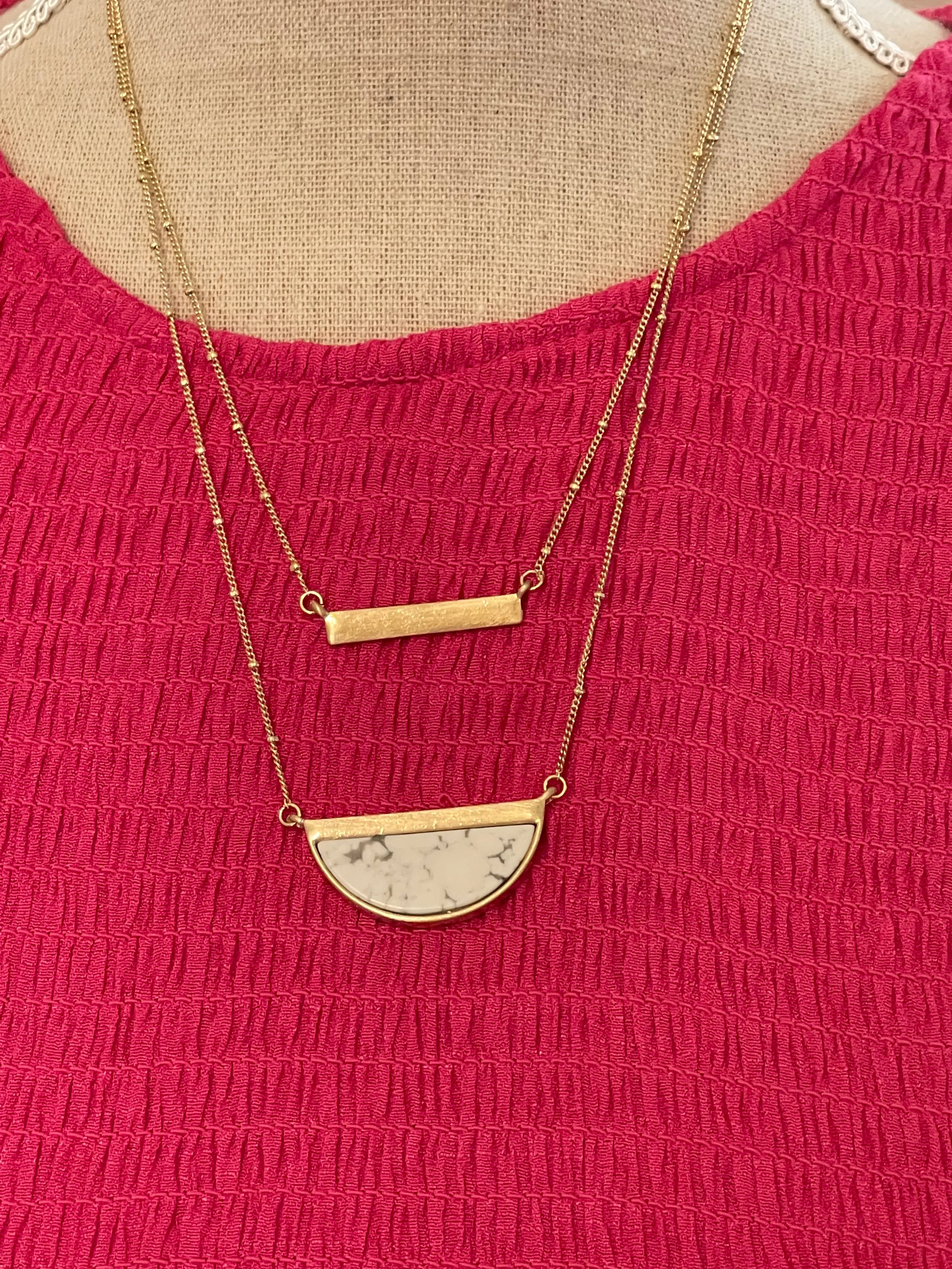 Half Moon Howlite and Gold Bar Layered Necklace