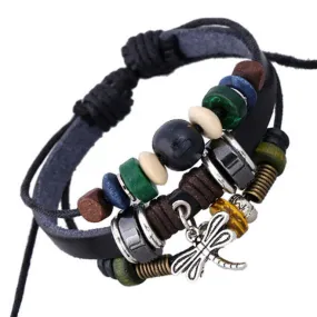 Handmade Dargonfly Insect Charm Leather Adjustable Bracelet Wristband Jewelry Bijouterie Unisex Girls Woman