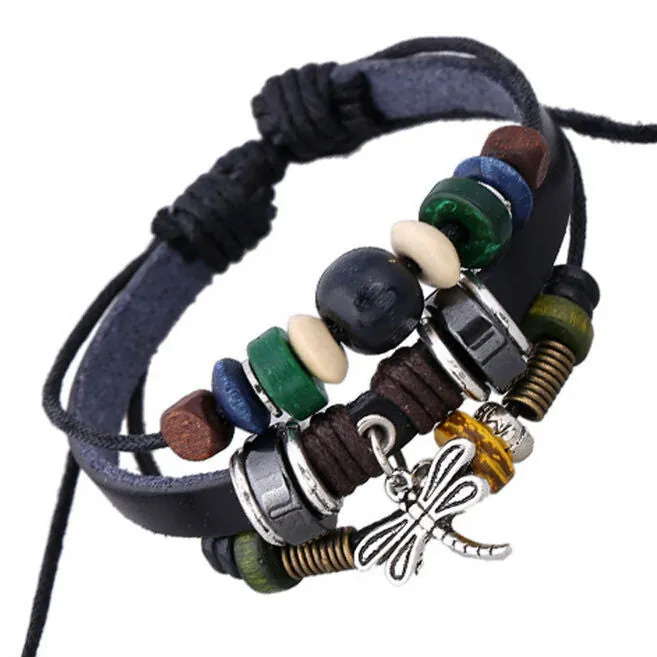 Handmade Dargonfly Insect Charm Leather Adjustable Bracelet Wristband Jewelry Bijouterie Unisex Girls Woman