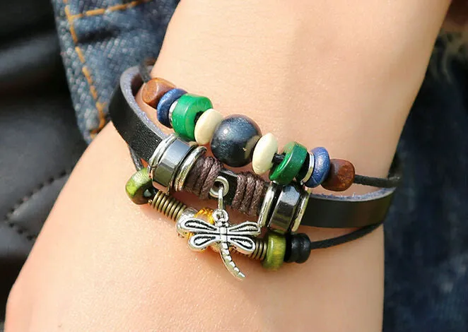 Handmade Dargonfly Insect Charm Leather Adjustable Bracelet Wristband Jewelry Bijouterie Unisex Girls Woman