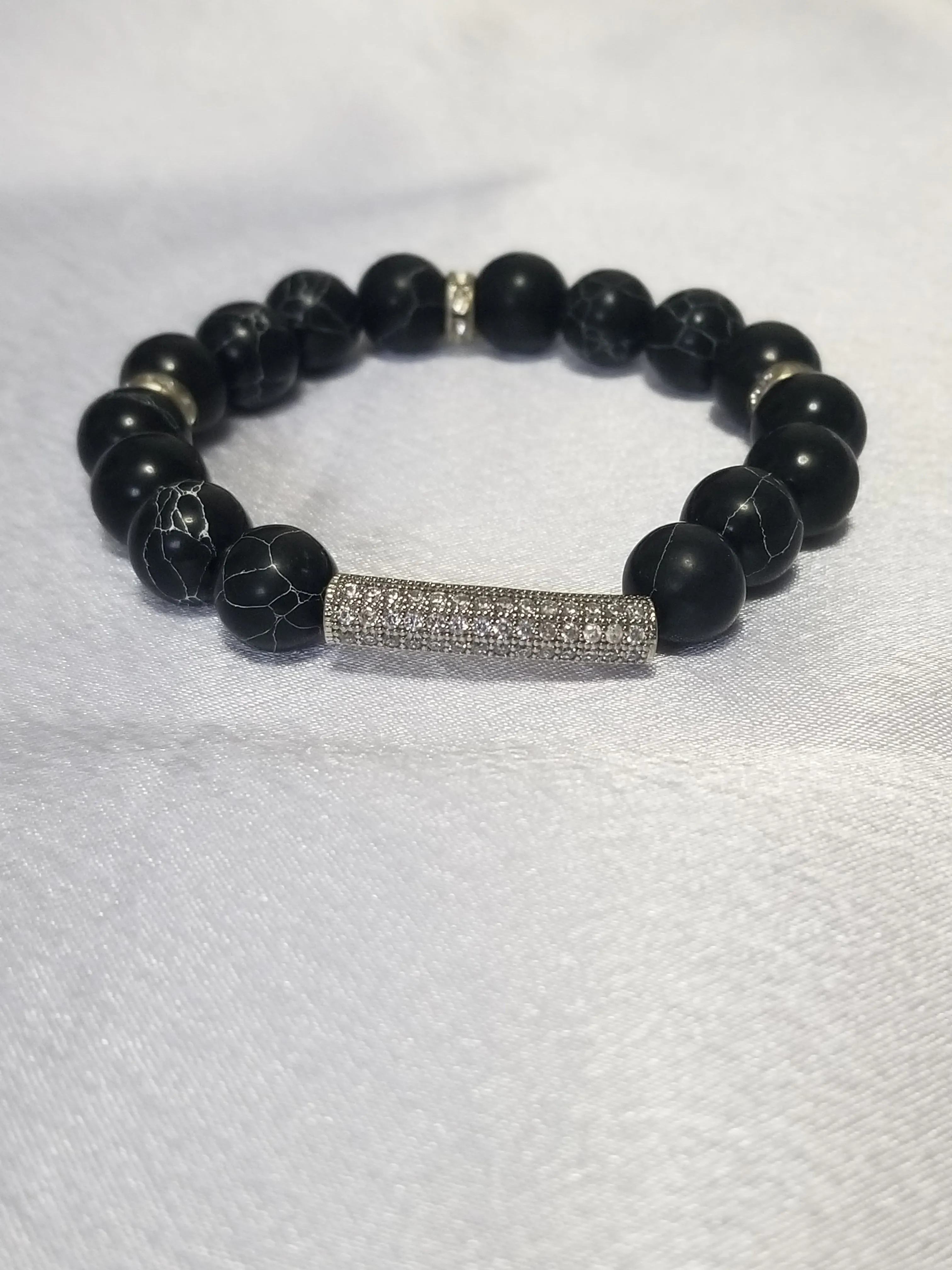 Handmade Natural Stone Beaded Stretch Bracelet with Zirconia Accents
