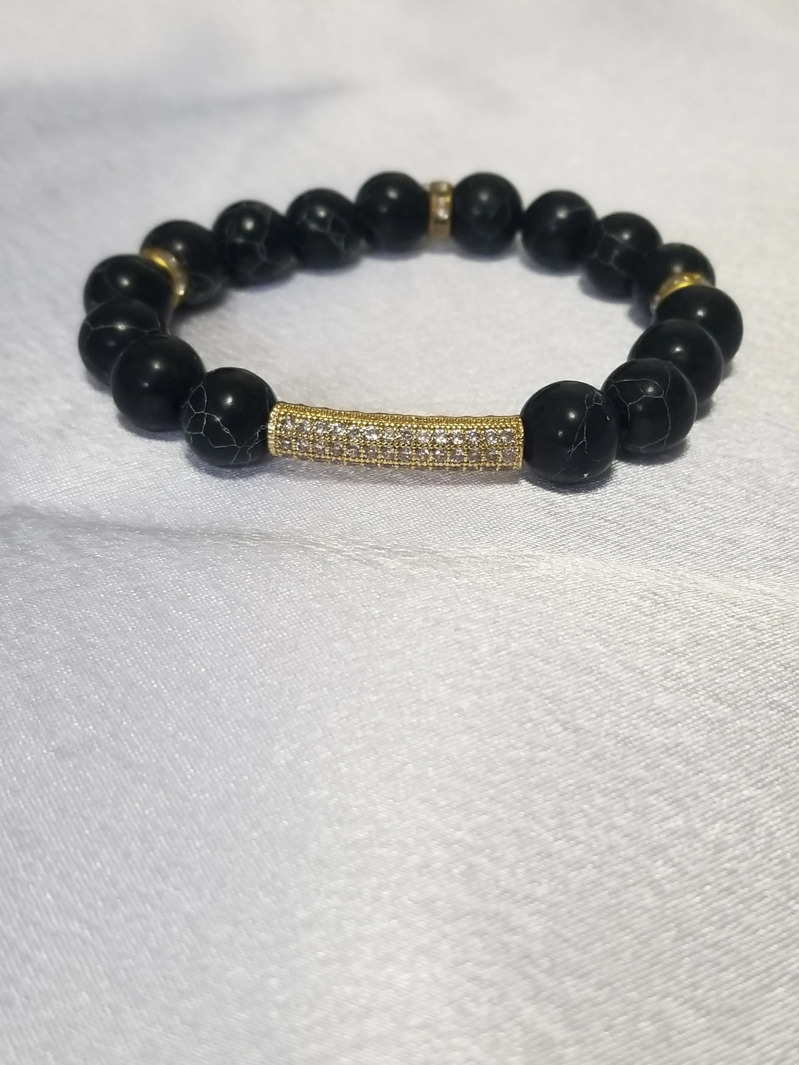Handmade Natural Stone Beaded Stretch Bracelet with Zirconia Accents