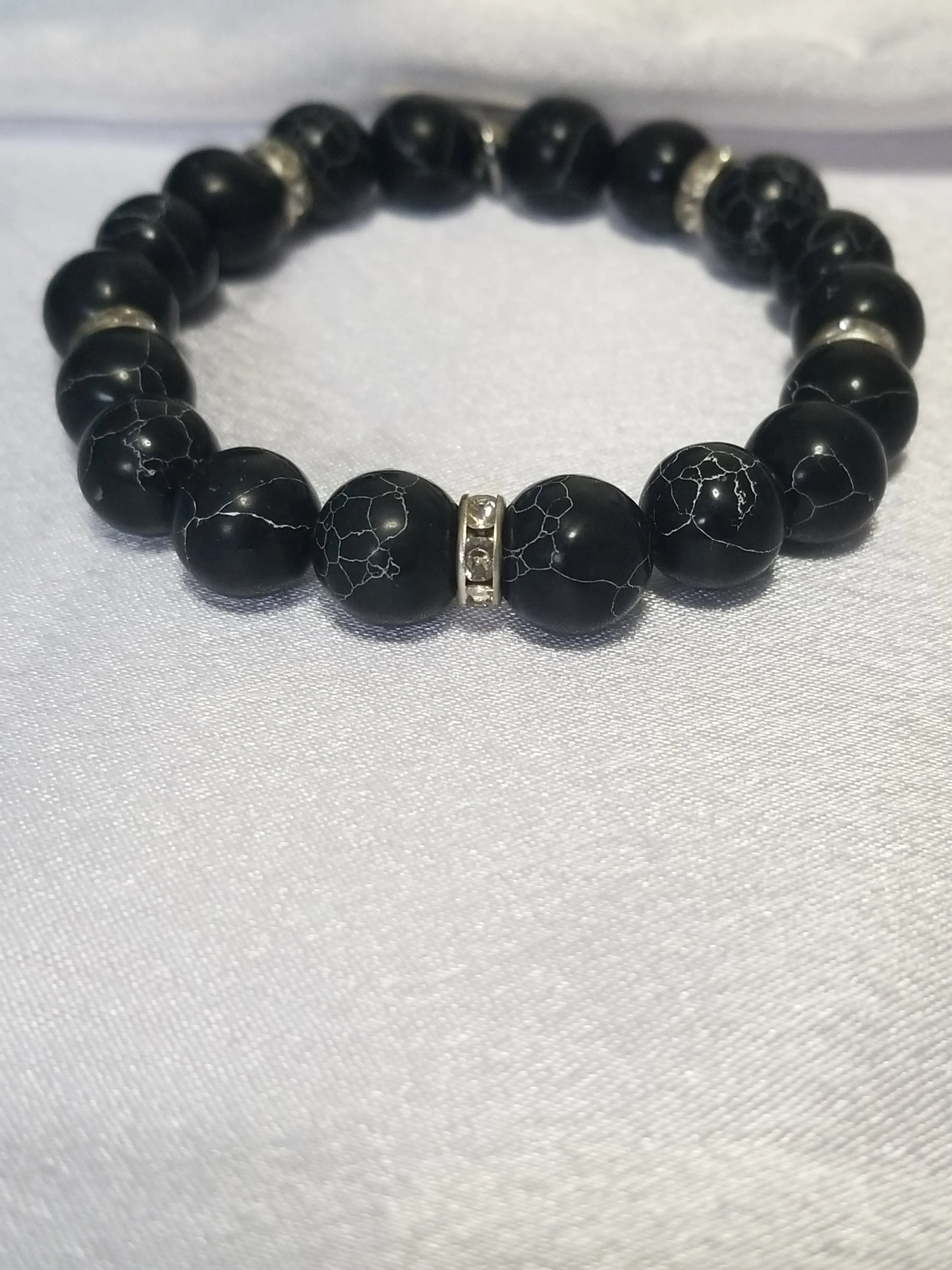 Handmade Natural Stone Beaded Stretch Bracelet with Zirconia Accents