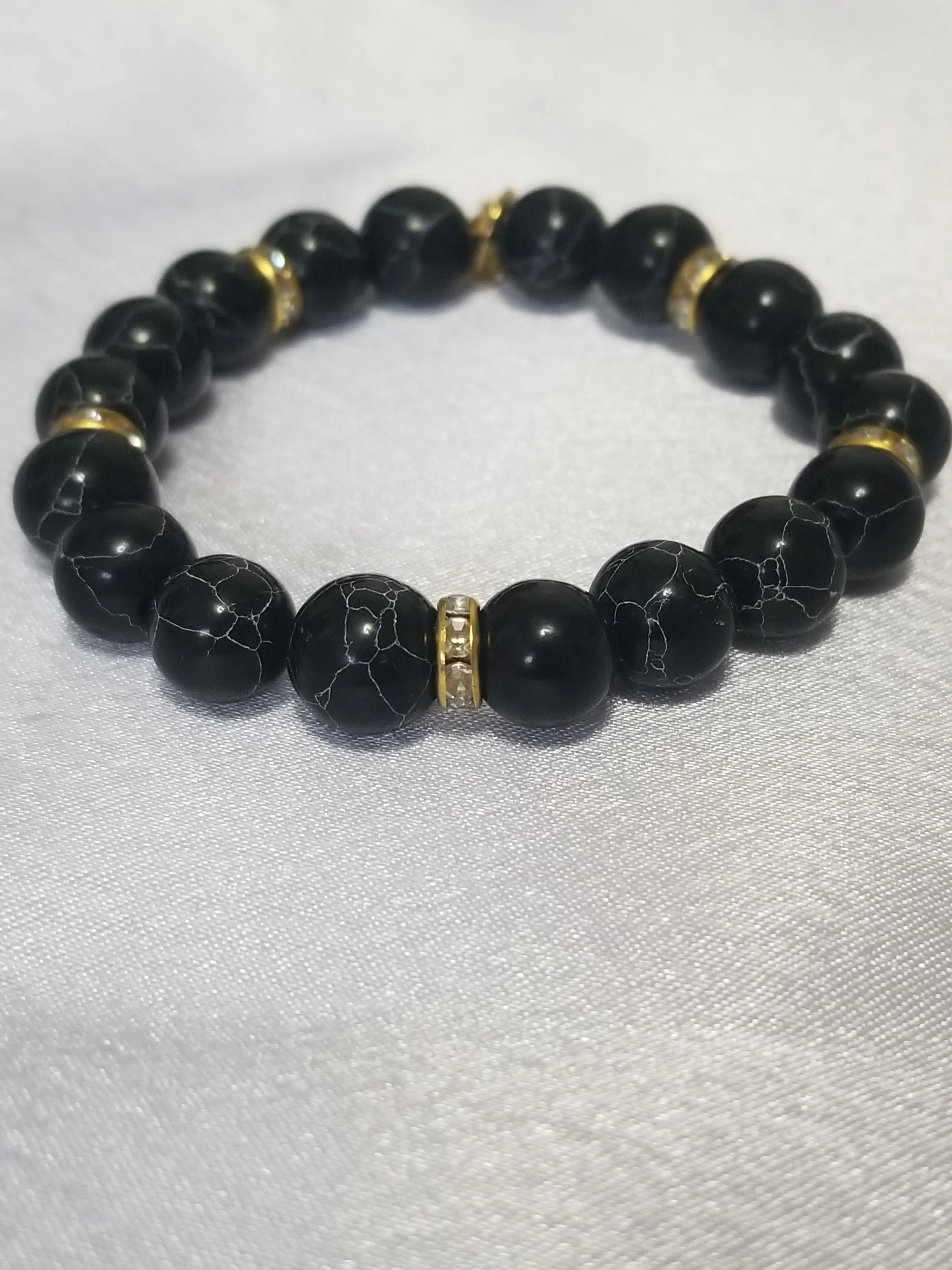 Handmade Natural Stone Beaded Stretch Bracelet with Zirconia Accents
