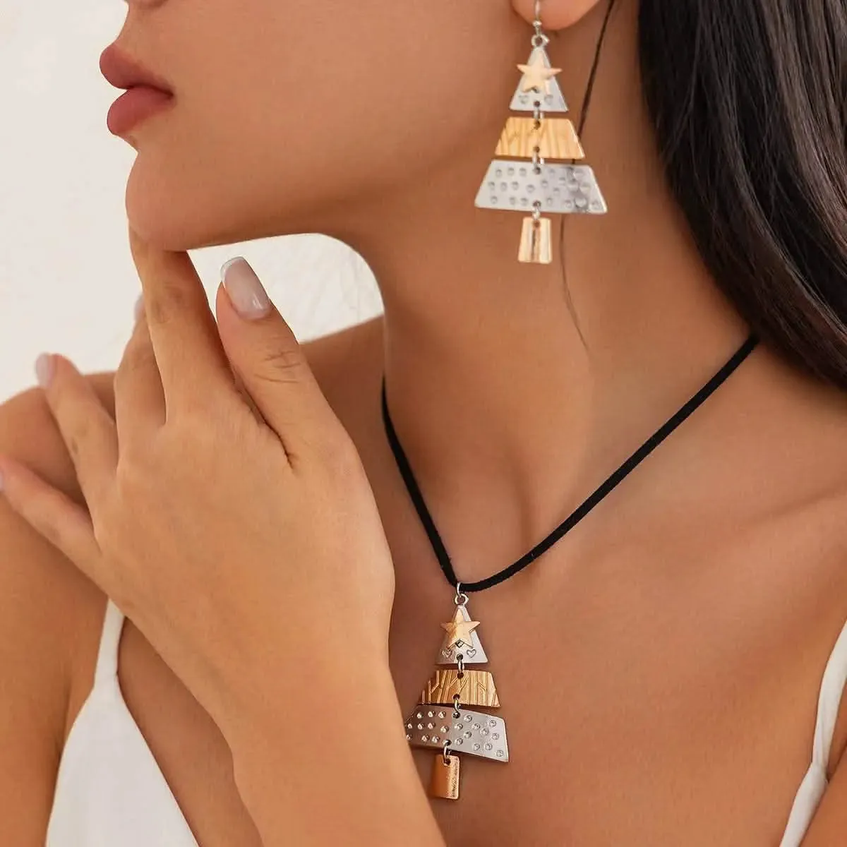 Holiday Sparkle Jewelry Set: Christmas Tree Charm Necklace and Earring Pair for Festive Celebrations