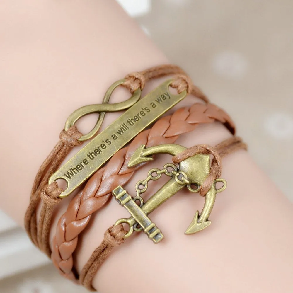 Hot Sale Women Vintage Anchors Rudder Rectangle Cross Leather Bracelet Multilayer Bracelets Hunger Games Charm Bracelet