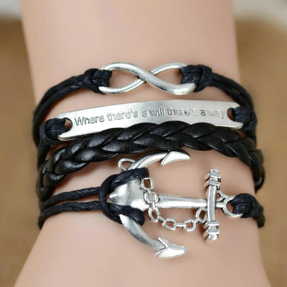Hot Sale Women Vintage Anchors Rudder Rectangle Cross Leather Bracelet Multilayer Bracelets Hunger Games Charm Bracelet