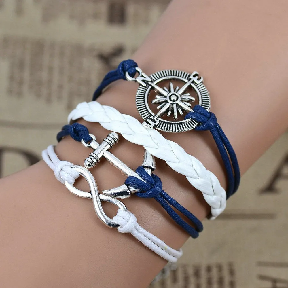 Hot Sale Women Vintage Anchors Rudder Rectangle Cross Leather Bracelet Multilayer Bracelets Hunger Games Charm Bracelet