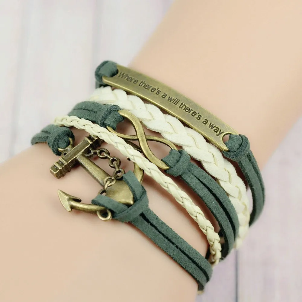 Hot Sale Women Vintage Anchors Rudder Rectangle Cross Leather Bracelet Multilayer Bracelets Hunger Games Charm Bracelet