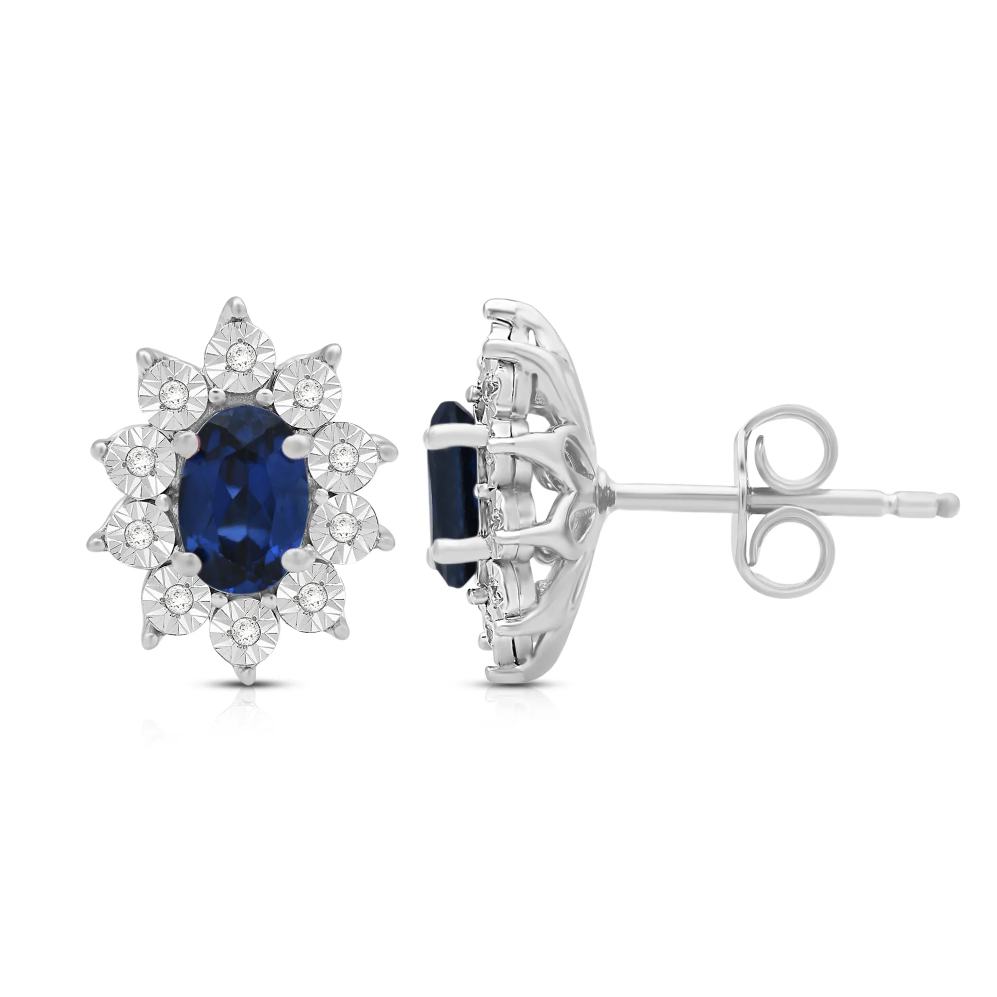 Jewelili Sterling Sliver 6x4 MM Oval Created Blue Sapphire and 1/20 Cttw Natural White Round Diamond Cluster Stud Earrings