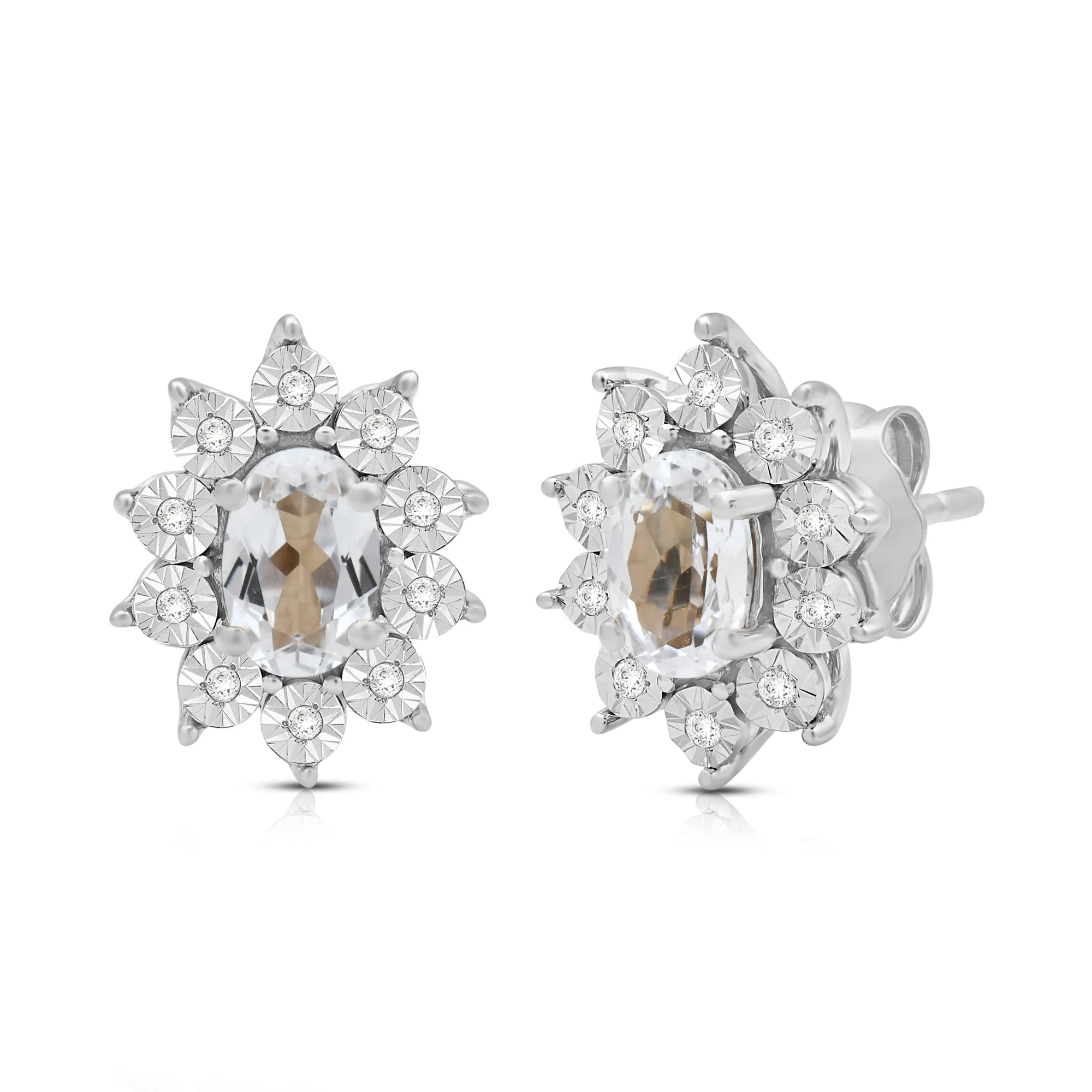 Jewelili Sterling Sliver 6x4 MM Oval Created White Sapphire and 1/20 Cttw Natural White Round Diamond Cluster Stud Earrings