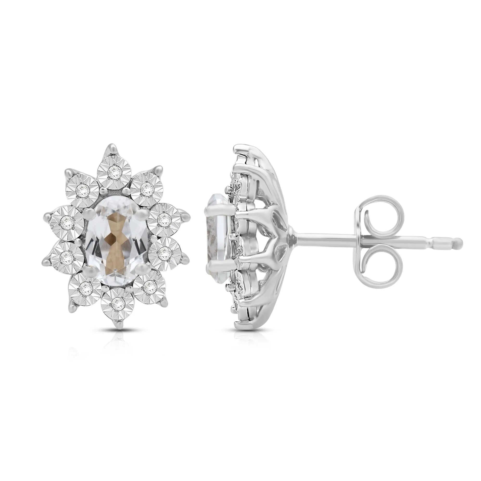 Jewelili Sterling Sliver 6x4 MM Oval Created White Sapphire and 1/20 Cttw Natural White Round Diamond Cluster Stud Earrings