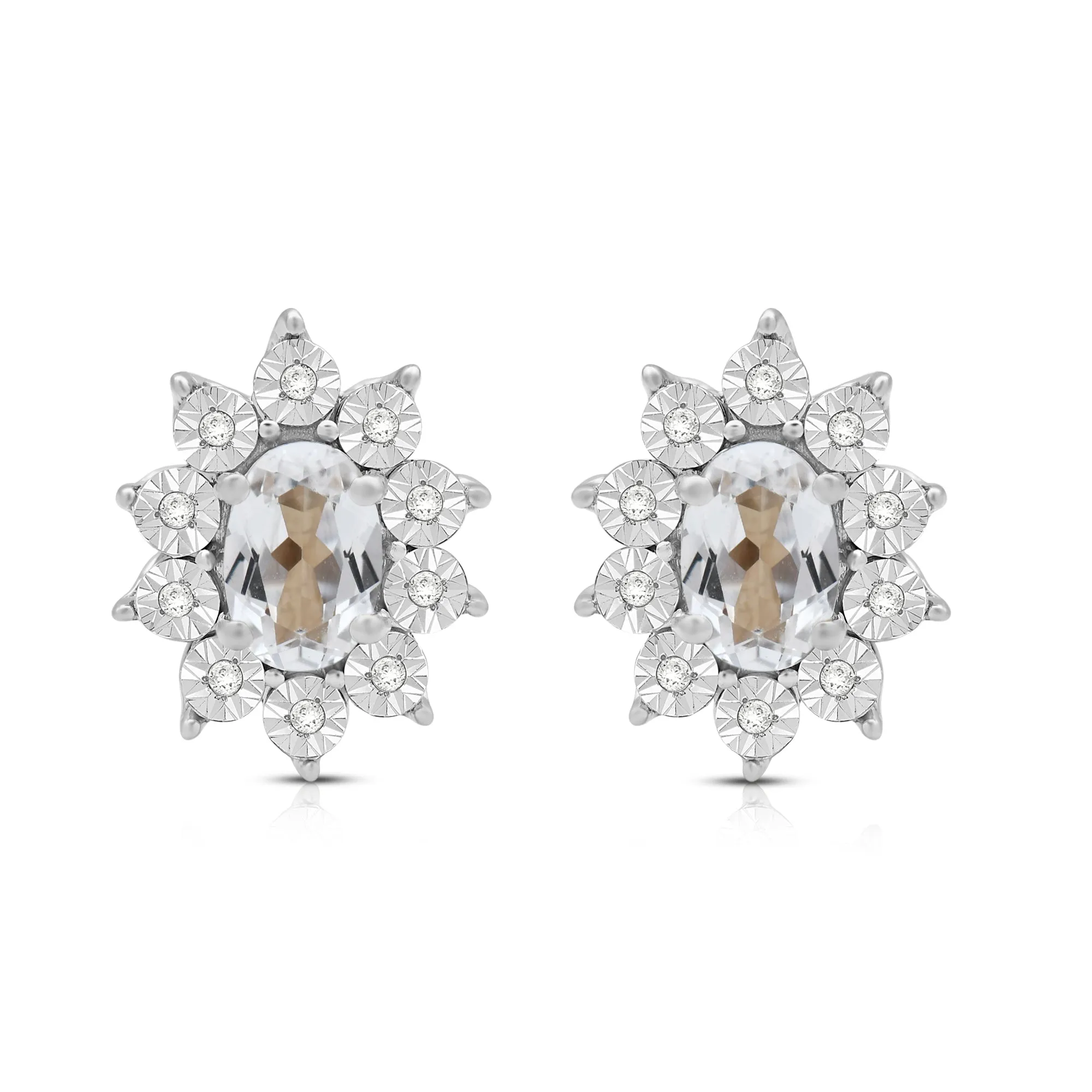 Jewelili Sterling Sliver 6x4 MM Oval Created White Sapphire and 1/20 Cttw Natural White Round Diamond Cluster Stud Earrings