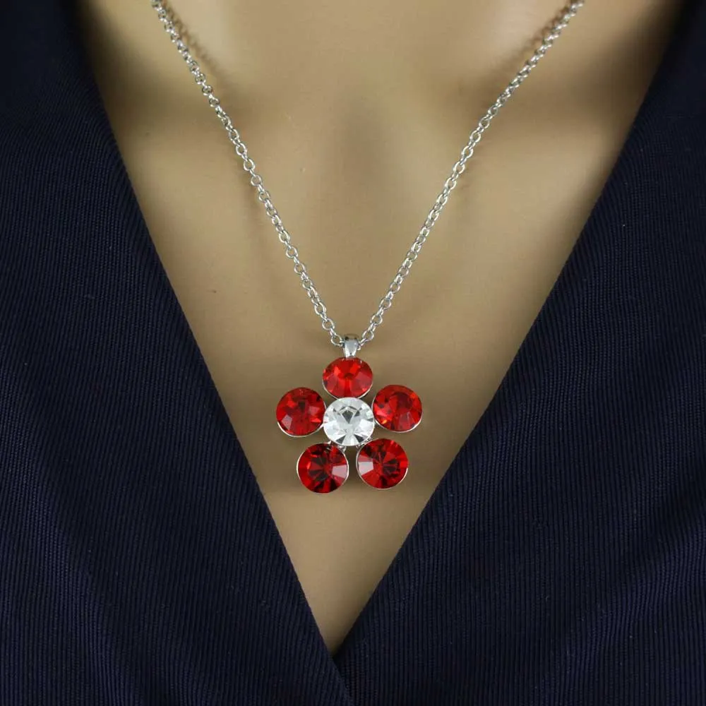 Large Red Crystal Daisy Pendant on Silver-tone Chain - PT519RD