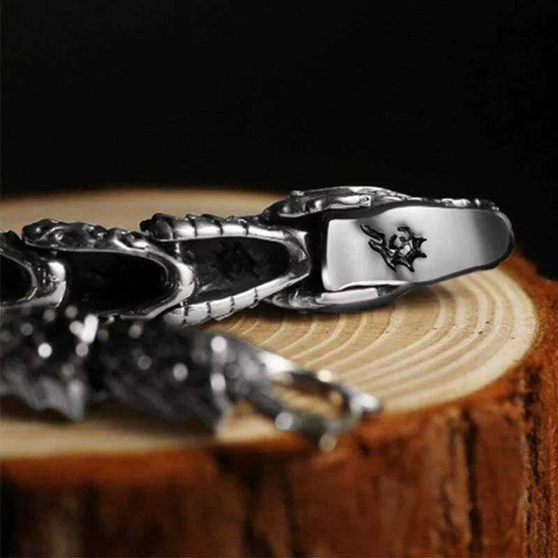 Luxury Pure 925 Sterling Silver Dragon Bracelet Men Vintage Rock Biker Men's Bracelets Man Silver 925 Jewelry (20 point 5 cm)