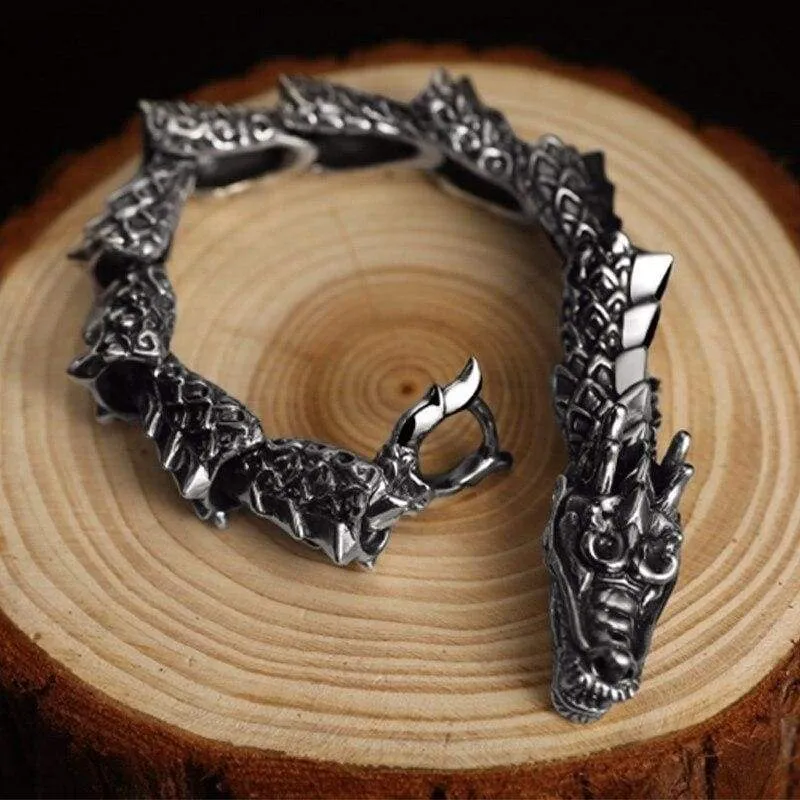Luxury Pure 925 Sterling Silver Dragon Bracelet Men Vintage Rock Biker Men's Bracelets Man Silver 925 Jewelry (20 point 5 cm)
