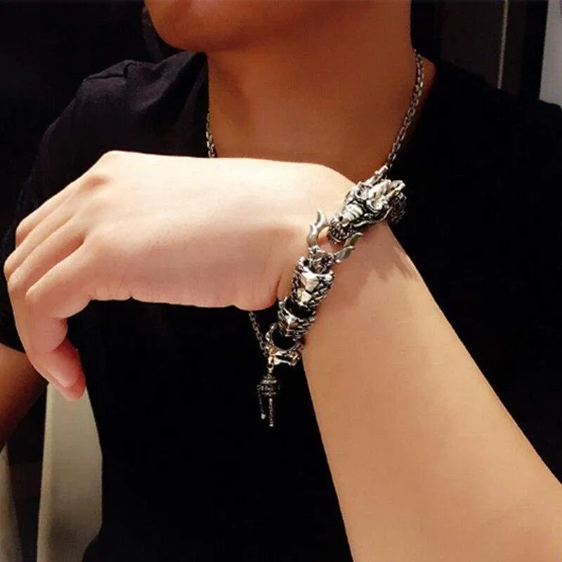 Luxury Pure 925 Sterling Silver Dragon Bracelet Men Vintage Rock Biker Men's Bracelets Man Silver 925 Jewelry (20 point 5 cm)