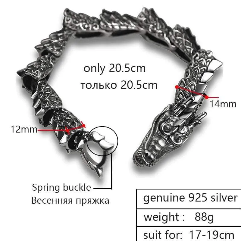 Luxury Pure 925 Sterling Silver Dragon Bracelet Men Vintage Rock Biker Men's Bracelets Man Silver 925 Jewelry (20 point 5 cm)