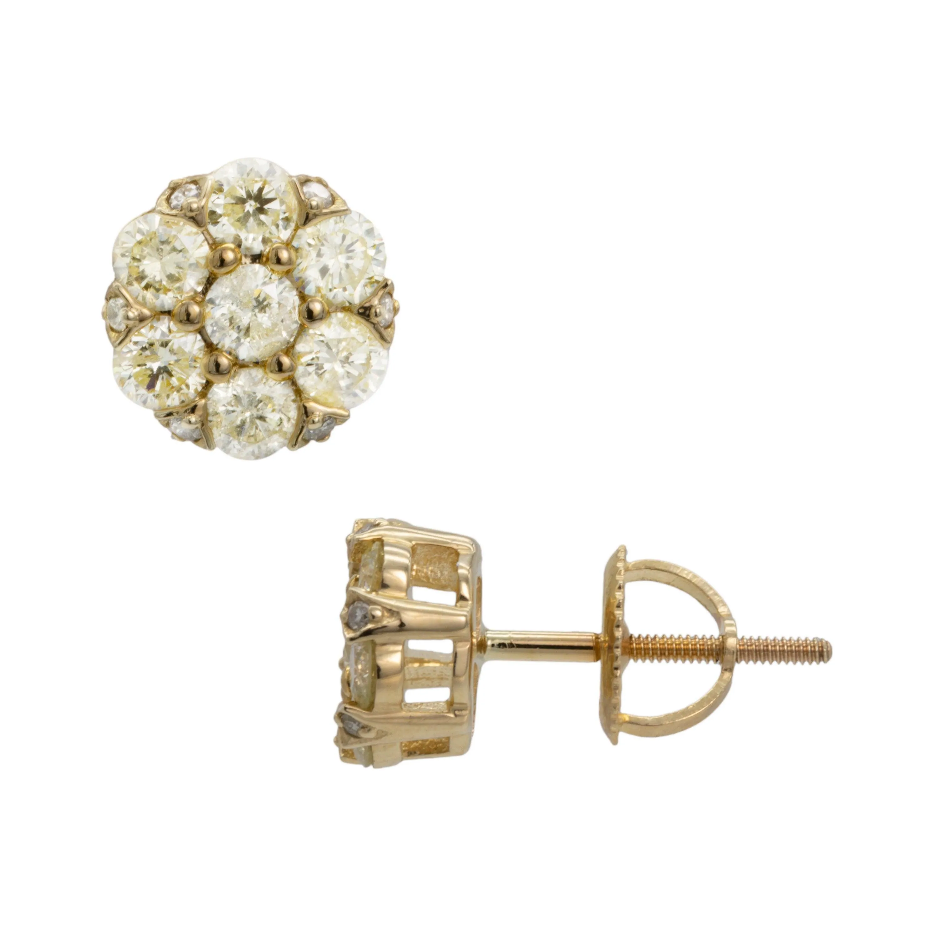 Men's Round Cluster Diamond Stud Earrings 1.25ct 10K Yellow Gold