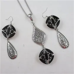 Multi-stone Black Crystal & Rhinestone Pendant Necklace & Earrings