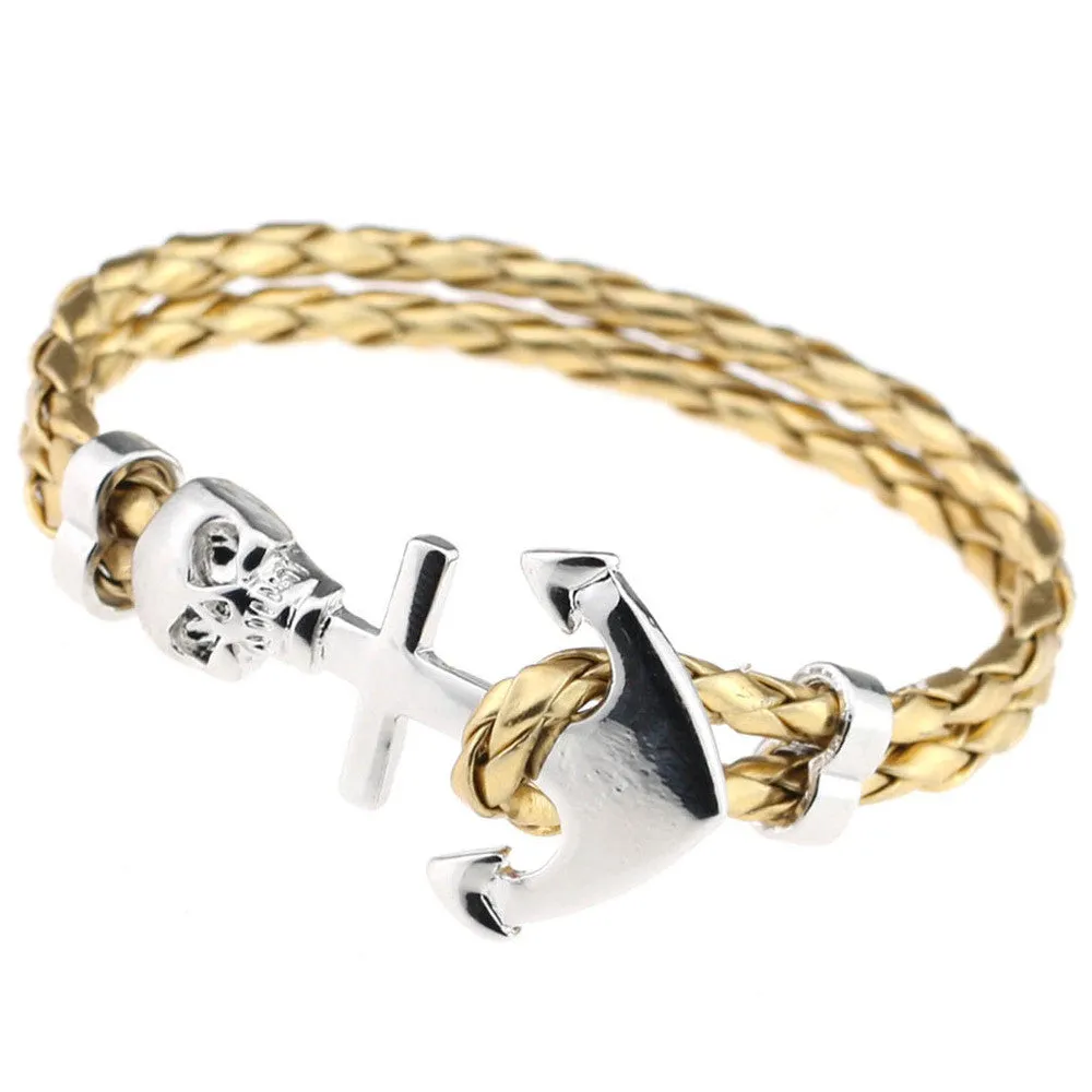 New Design Fashion Genuine Vintage Anchor Leather Bracelet For Man Magnetic Punk Wrap Skull Man Bracelet Skull