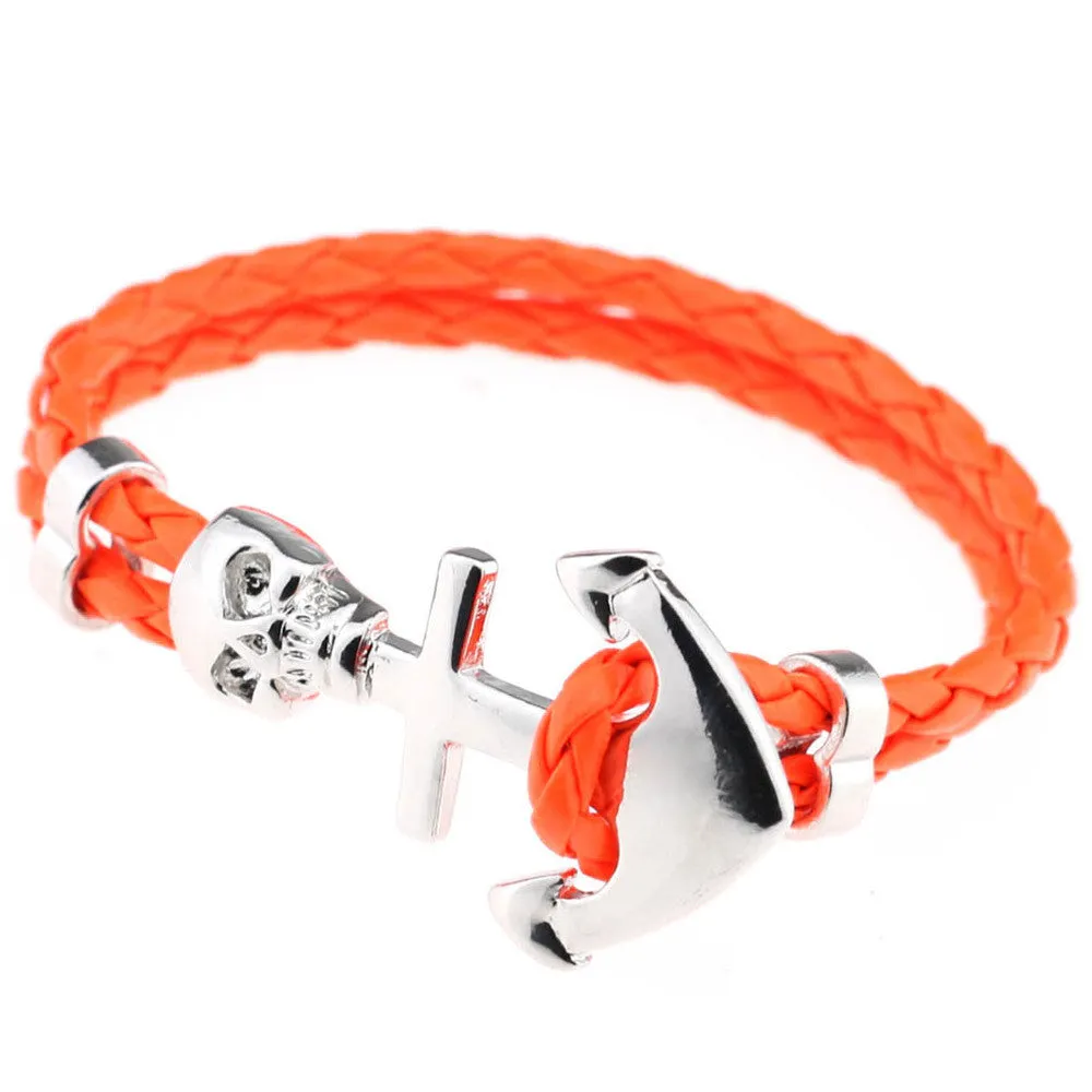 New Design Fashion Genuine Vintage Anchor Leather Bracelet For Man Magnetic Punk Wrap Skull Man Bracelet Skull