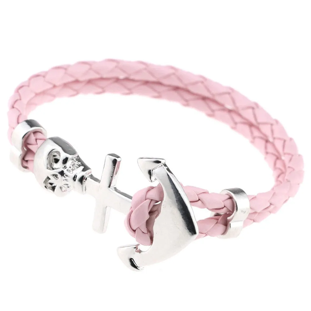 New Design Fashion Genuine Vintage Anchor Leather Bracelet For Man Magnetic Punk Wrap Skull Man Bracelet Skull
