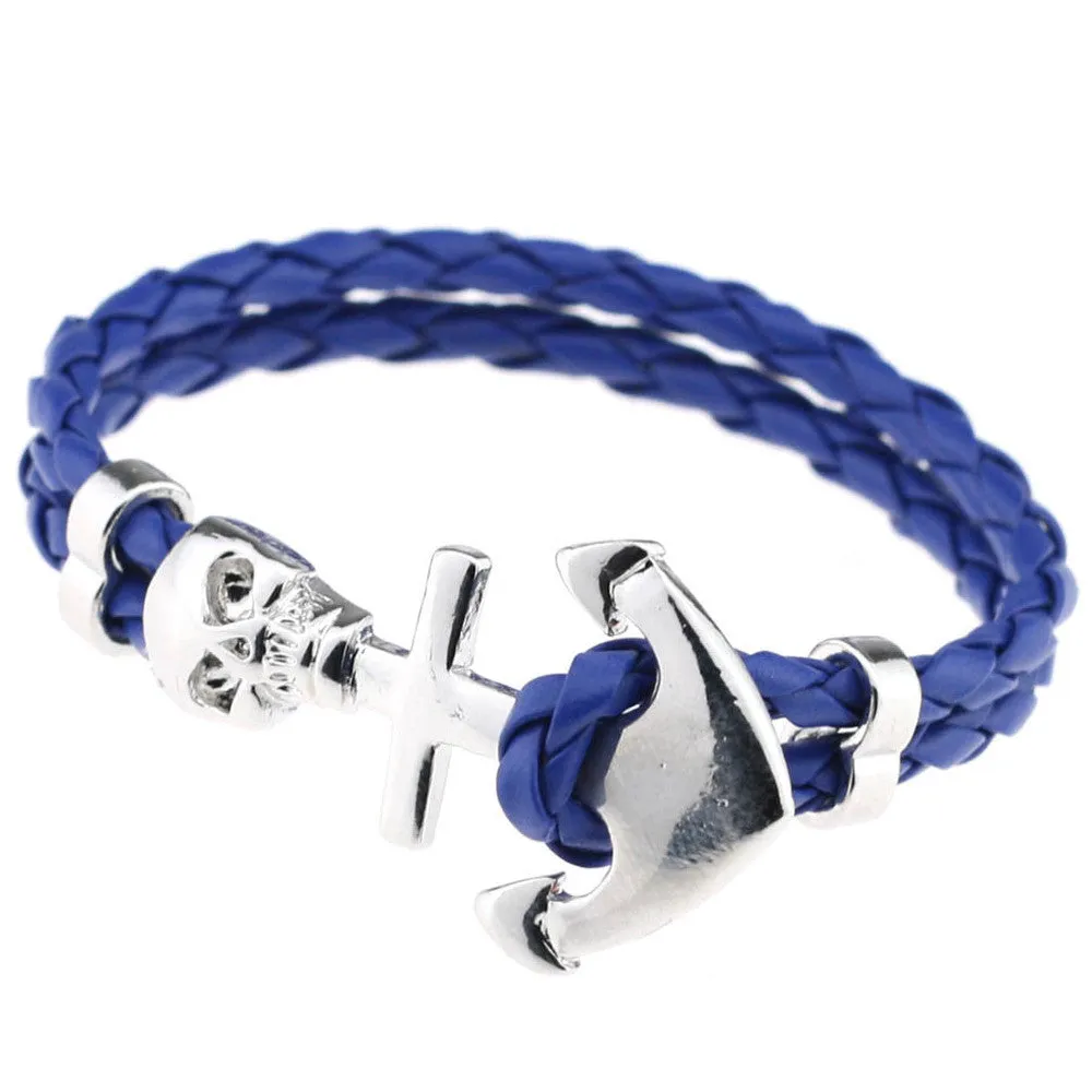 New Design Fashion Genuine Vintage Anchor Leather Bracelet For Man Magnetic Punk Wrap Skull Man Bracelet Skull