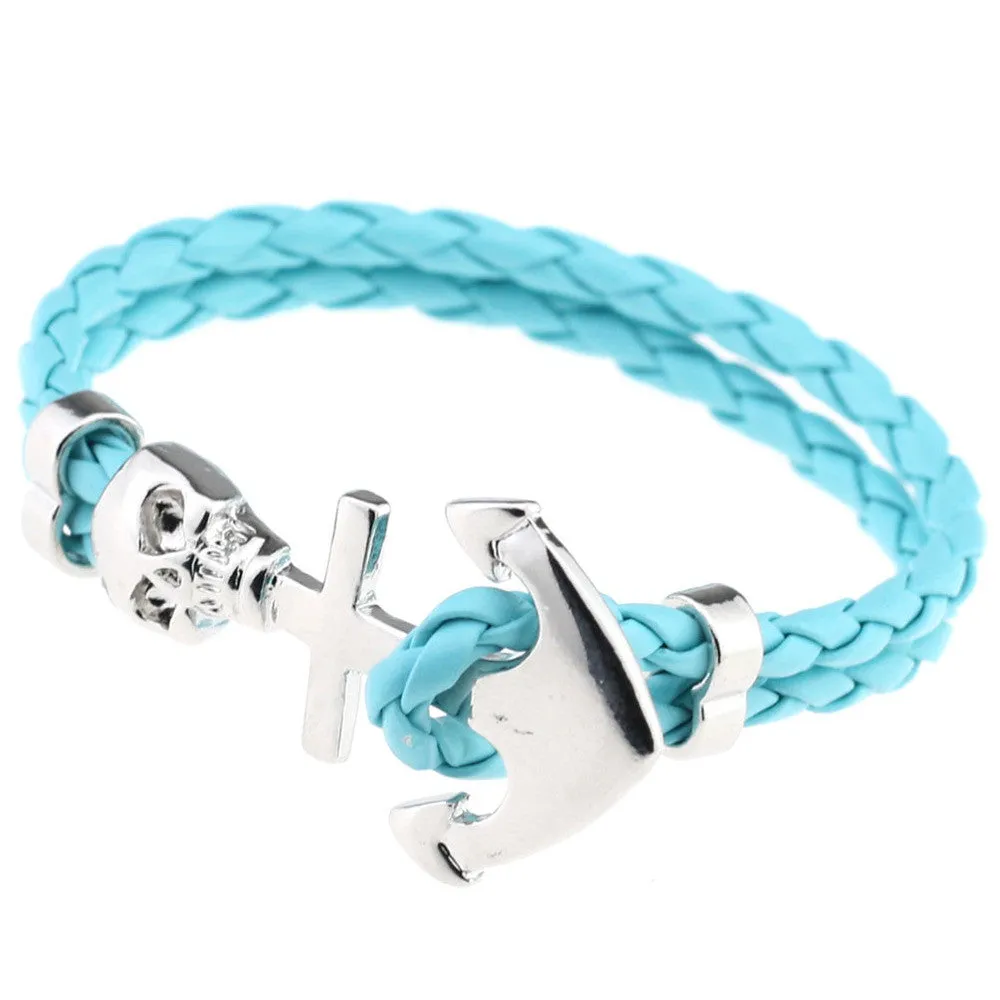 New Design Fashion Genuine Vintage Anchor Leather Bracelet For Man Magnetic Punk Wrap Skull Man Bracelet Skull