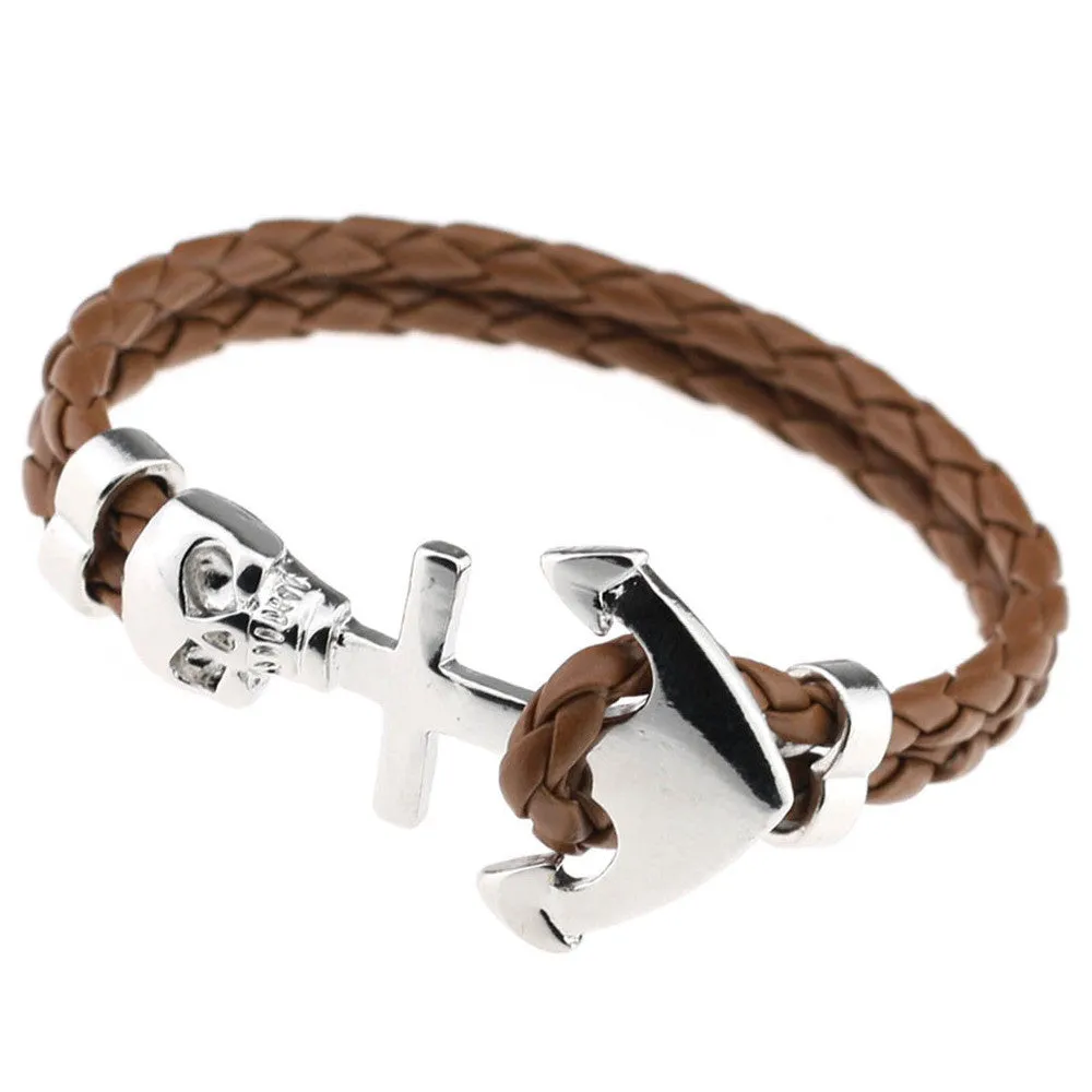 New Design Fashion Genuine Vintage Anchor Leather Bracelet For Man Magnetic Punk Wrap Skull Man Bracelet Skull