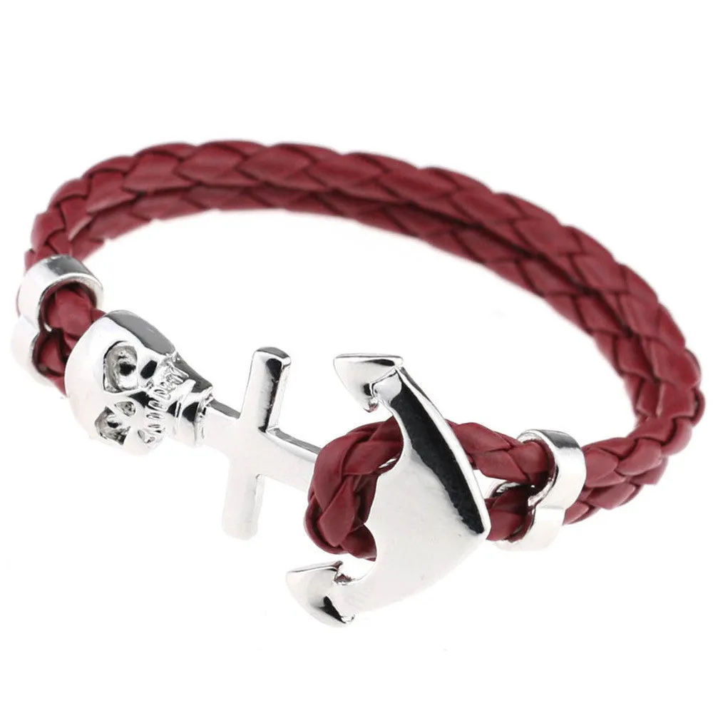 New Design Fashion Genuine Vintage Anchor Leather Bracelet For Man Magnetic Punk Wrap Skull Man Bracelet Skull