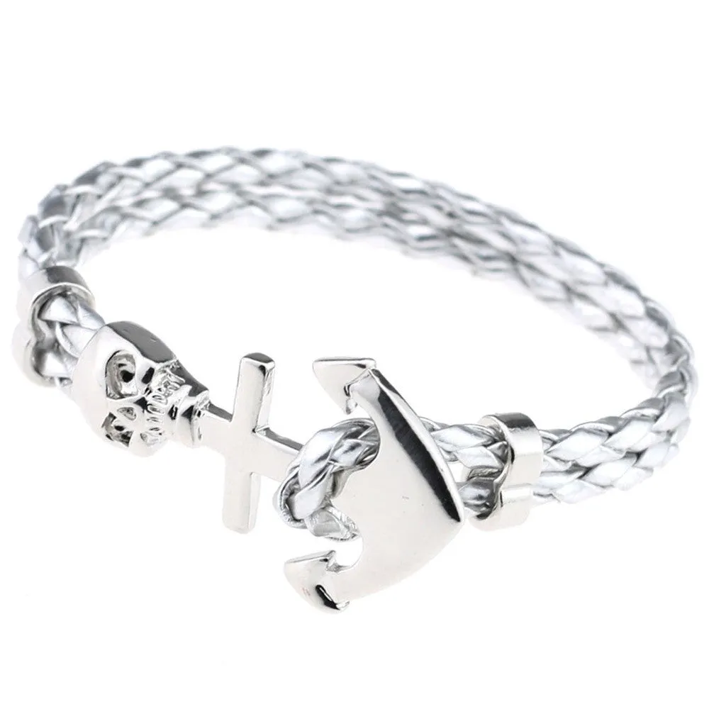 New Design Fashion Genuine Vintage Anchor Leather Bracelet For Man Magnetic Punk Wrap Skull Man Bracelet Skull