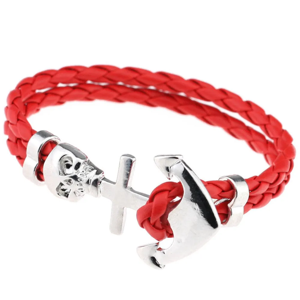New Design Fashion Genuine Vintage Anchor Leather Bracelet For Man Magnetic Punk Wrap Skull Man Bracelet Skull
