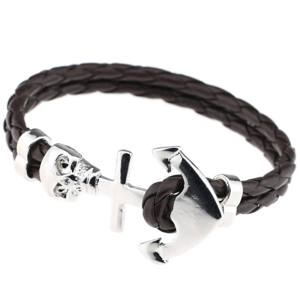 New Design Fashion Genuine Vintage Anchor Leather Bracelet For Man Magnetic Punk Wrap Skull Man Bracelet Skull