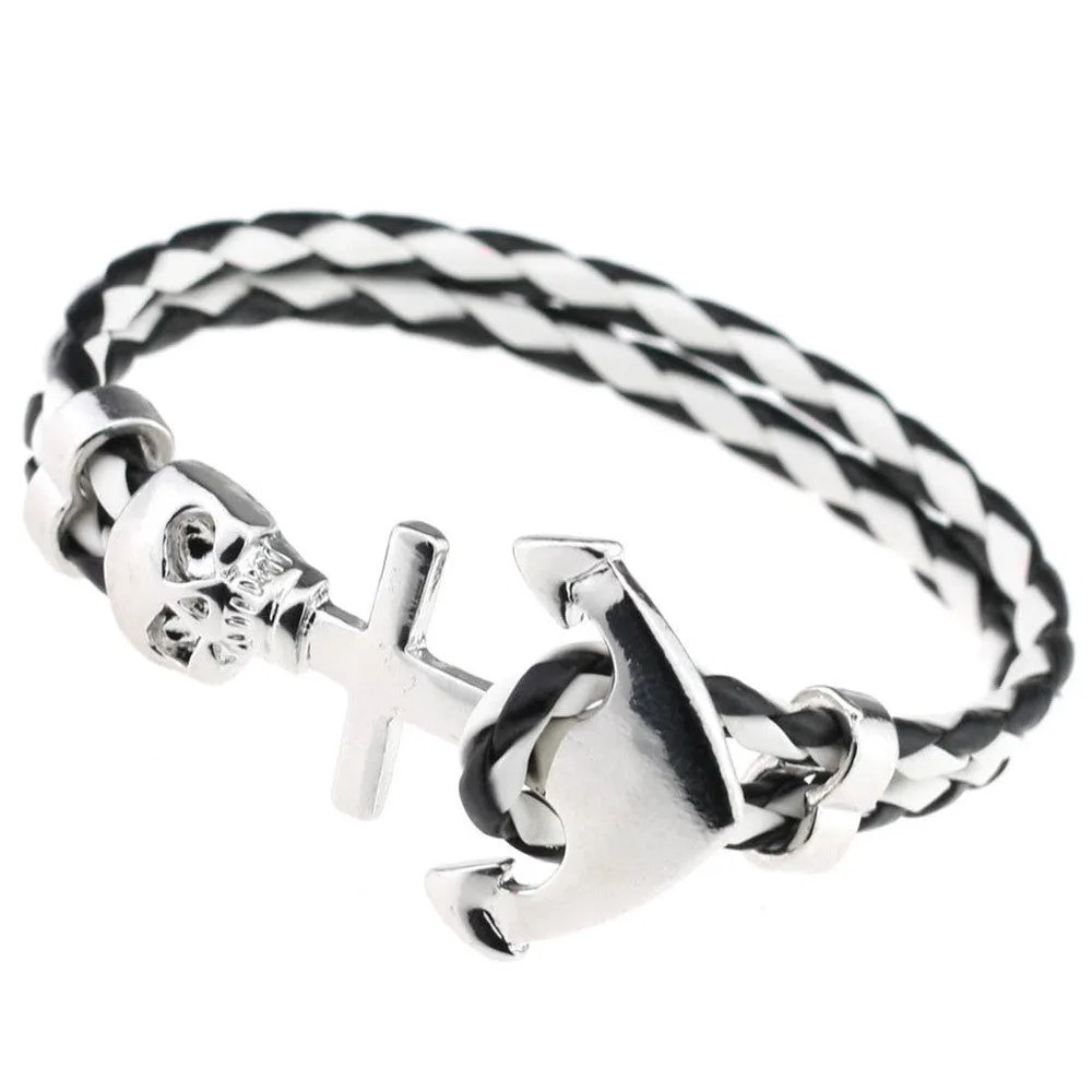 New Design Fashion Genuine Vintage Anchor Leather Bracelet For Man Magnetic Punk Wrap Skull Man Bracelet Skull