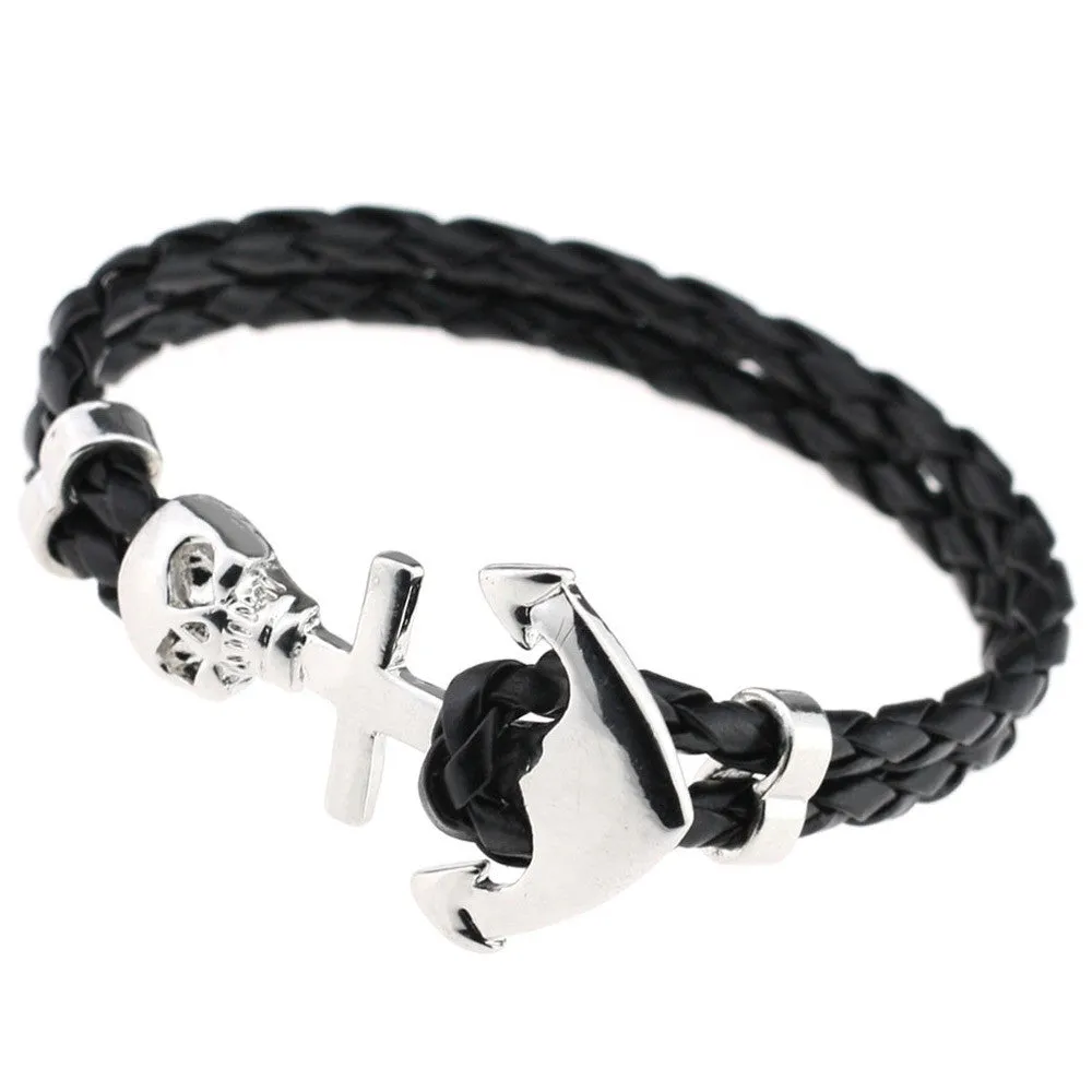 New Design Fashion Genuine Vintage Anchor Leather Bracelet For Man Magnetic Punk Wrap Skull Man Bracelet Skull