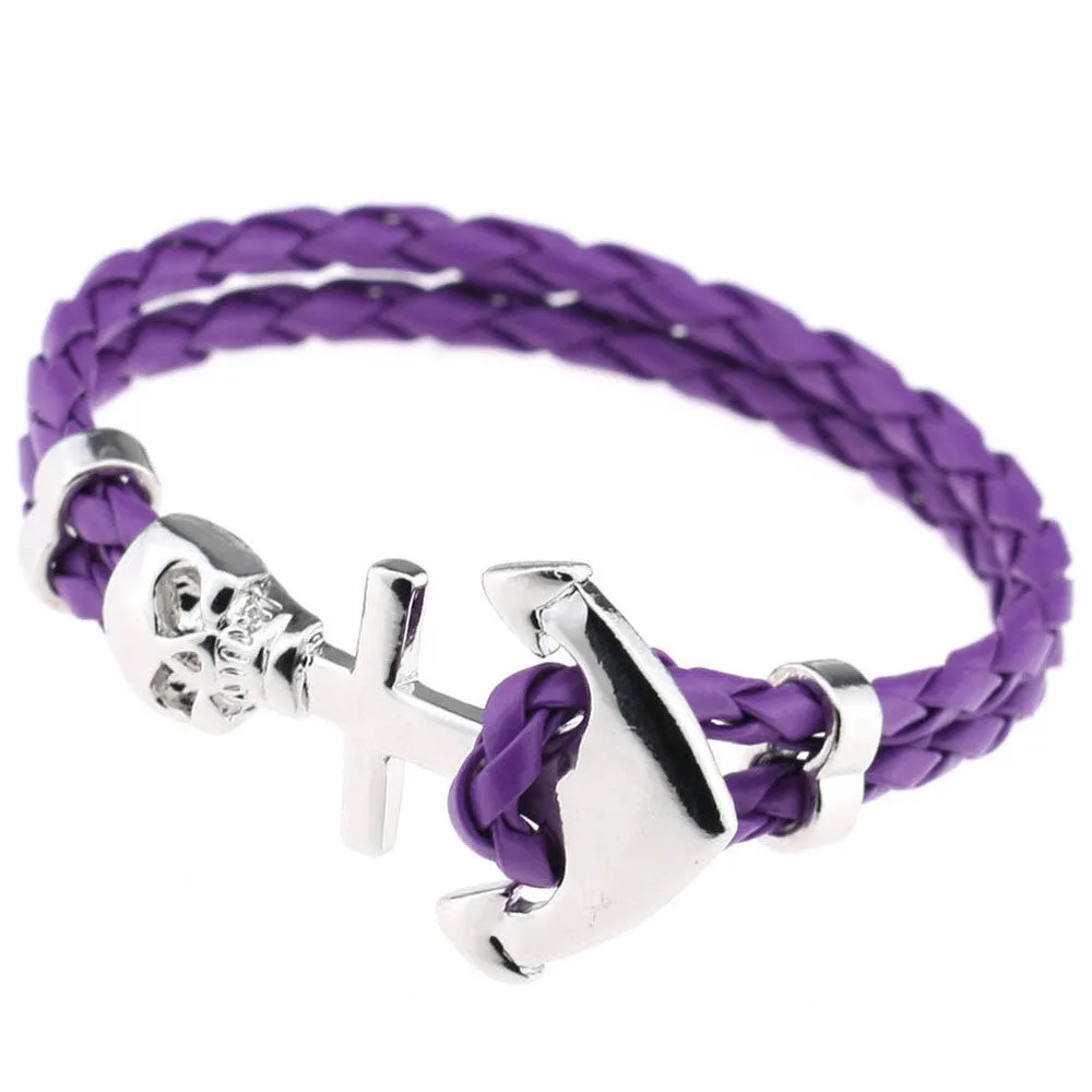 New Design Fashion Genuine Vintage Anchor Leather Bracelet For Man Magnetic Punk Wrap Skull Man Bracelet Skull