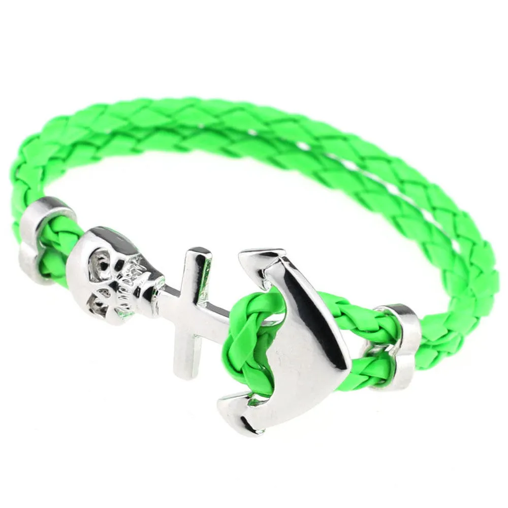 New Design Fashion Genuine Vintage Anchor Leather Bracelet For Man Magnetic Punk Wrap Skull Man Bracelet Skull