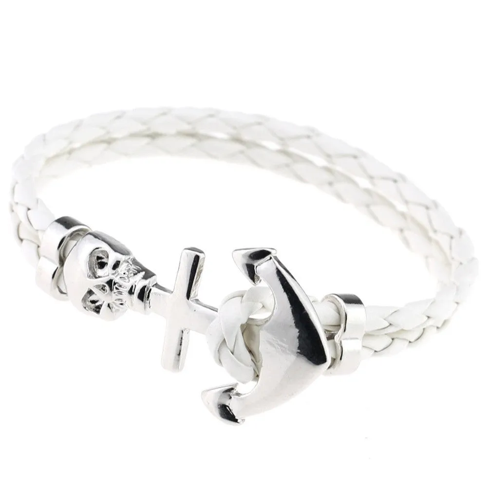 New Design Fashion Genuine Vintage Anchor Leather Bracelet For Man Magnetic Punk Wrap Skull Man Bracelet Skull