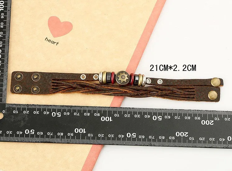 New Man Vintage Braided Leather Bracelet Punk Metal Star Pattern Rope Bracelets Hip-hop Multilayer Warp Bangle