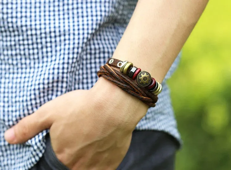 New Man Vintage Braided Leather Bracelet Punk Metal Star Pattern Rope Bracelets Hip-hop Multilayer Warp Bangle