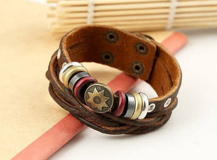 New Man Vintage Braided Leather Bracelet Punk Metal Star Pattern Rope Bracelets Hip-hop Multilayer Warp Bangle